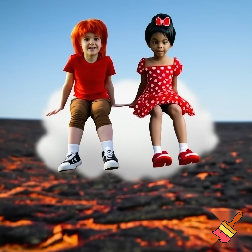 Little Dipper Pines hair red t-shirt brown short pants white socks black and white sneakers and Little Tiana red white dot bow in hair white t-shirt red white dot mini skirt white socks red shoes (the princess and the frog) on a sitting Cloud on a lava "Lava"