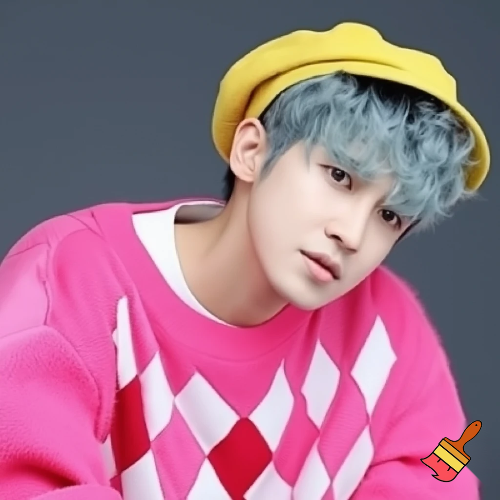 A young man with fluffy, short, blue-gray or turquoise hair and pale skin. Looks to be 24, he wears stylish yellow newsboy cap and pink argyle oversized sweater. 