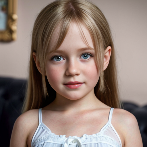 russian little girl, blonde long hair, nightdress, bedroom background, close up view