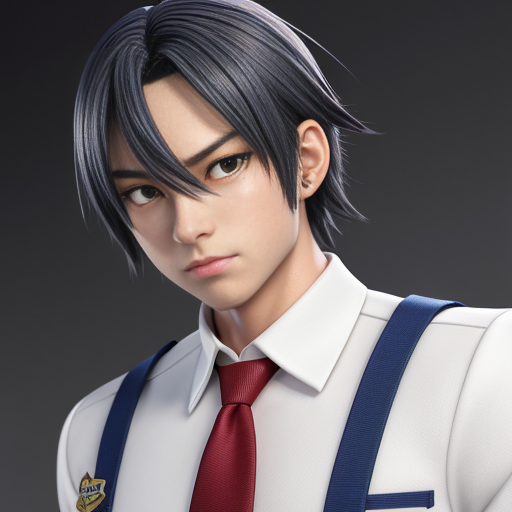 Haruka Sakura from Wind Breaker anime, male character, upper body portrait, serious and silent expression, battle-ready stance with slightly turned shoulders, hair short, straight with slight waves at ends, left side hair white, right side hair black, hair slightly messy and flowing with motion, heterochromia eyes: left eye gold, right eye dark blue, sharp and focused gaze, natural anime skin tone, wearing standard Furin High School uniform with small tears and battle damage details, white shirt slightly rumpled, navy blazer with emblem, red necktie, hands clenched and ready for combat, anime-style gloves on hands, dynamic pose suggesting imminent action, subtle motion lines for movement, simple light-colored background, clean and sharp anime line art, vibrant and saturated anime colors, realistic shadows and highlights on hair and clothing, determined and calm demeanor, slight wind effect making hair and tie move, upper body emphasis showing shoulders and chest area clearly, faithful to original character design, intense and focused aura.