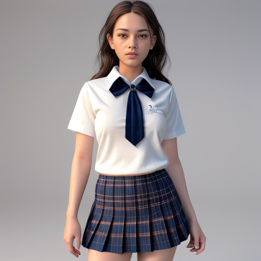 超写实3D服装渲染，无模特，正统JK制服套装平铺悬挂展示，白色基础水手服上衣，经典格纹百褶裙，配套藏青色领结，真实面料质感，纯棉布料纹理，聚酯纤维格纹清晰可见，金属纽扣反光自然，领结丝带光泽，裙摆自然褶皱垂坠感，缝线针脚细节，专业商业影棚打光，均匀柔光无阴影，纯白无缝背景，产品居中构图，8K超清，PBR材质，OC渲染器，商业电商主图，无任何人物