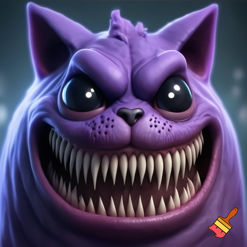 big purple monster it was shaped like a round thing with ears like a cat it had black eyes except for its tiny pupils that were a piercing white it had a wicked smile for such a short creature it had thousands of skinny razor like teeth in its mouth