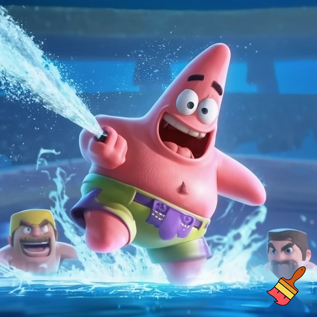 realistic patrick star spraying water from between his legs onto the archers from clash royal