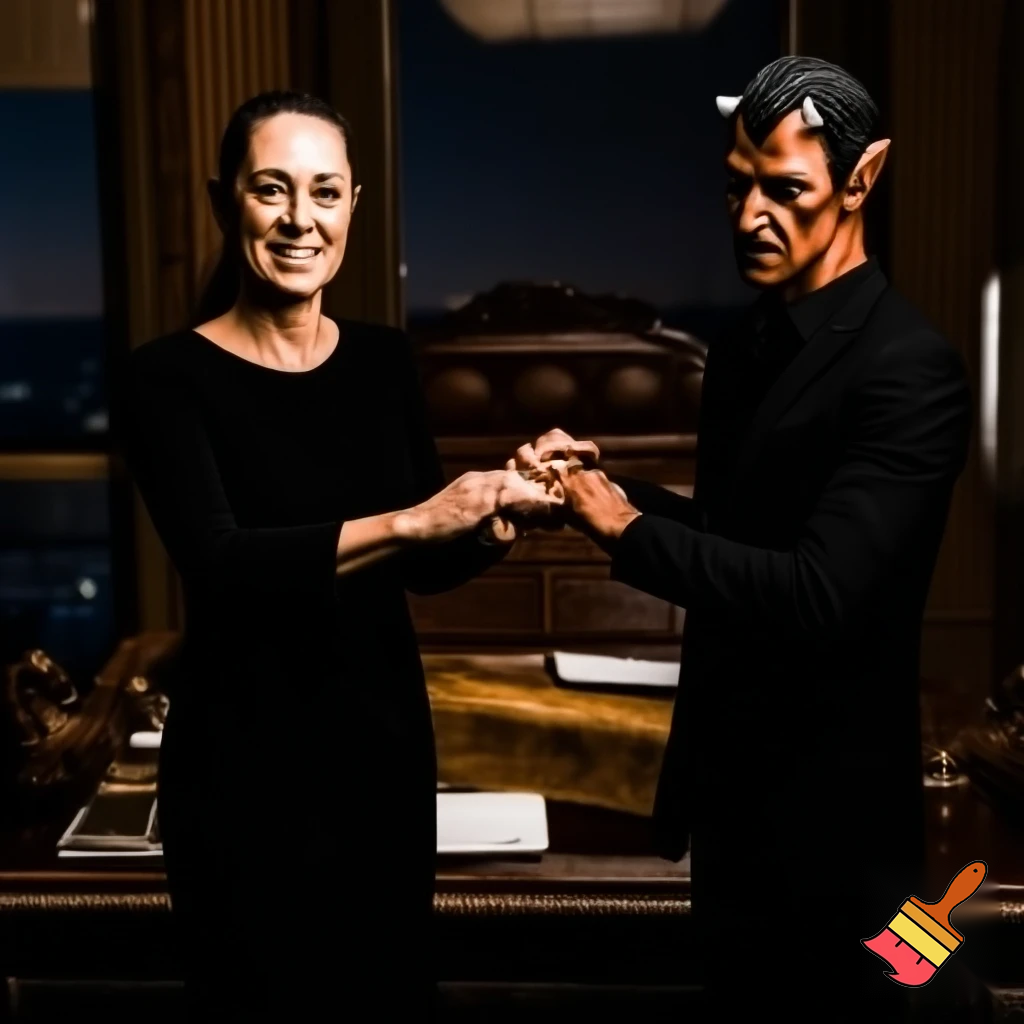 claudia sheinbaum holding hands with the devil and smiling, full body, making deals