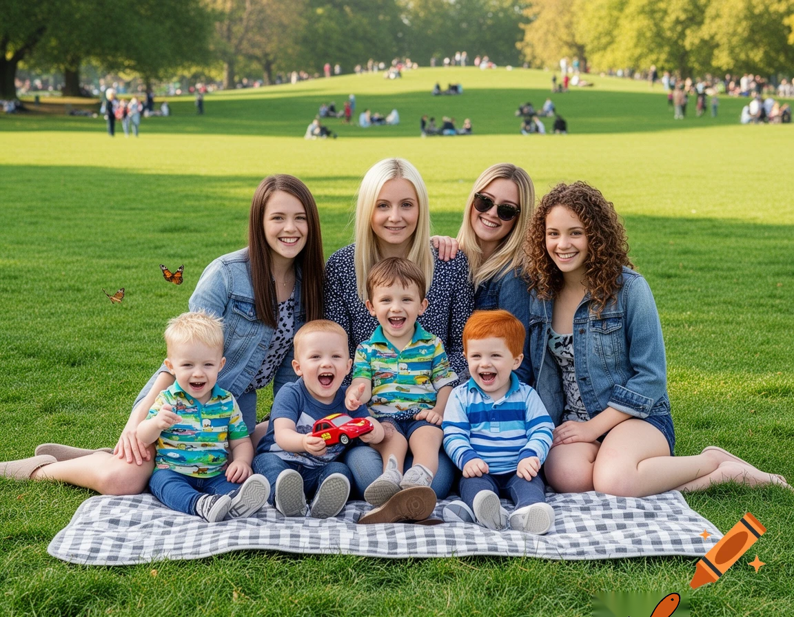 create a family  picture with 3 boy two year olds and a mom and 3 girl 16 year olds