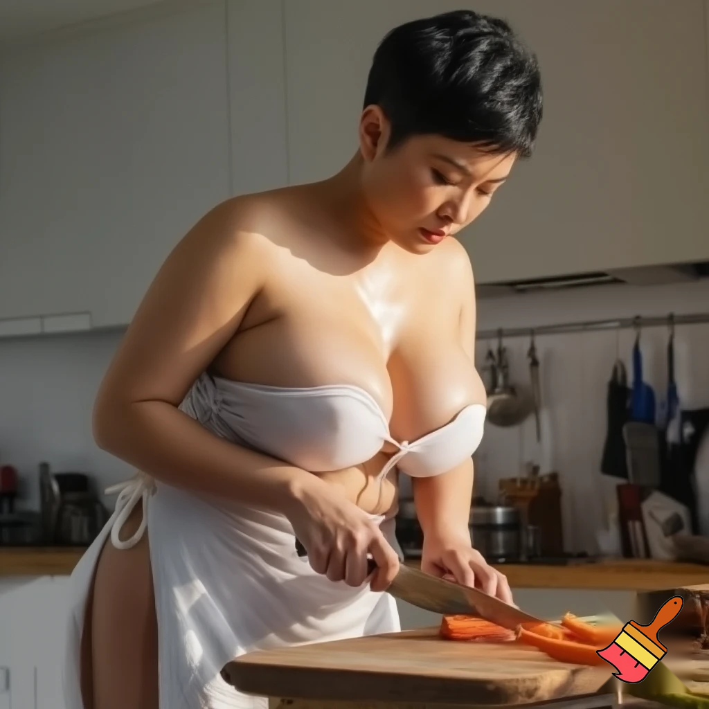 a breathtakingly voluptuous Asian woman with glossy black pixie-cut hair standing at a sunlit kitchen counter, her smooth curves barely concealed by a flimsy white apron tied loosely around her waist—the only thing covering her otherwise naked body. The apron rides up slightly at the sides, teasing glimpses of her full hips and the soft curve of her waist, while the thin fabric clings provocatively to the swell of her breasts with every deliberate movement. Her hands work with effortless precision, chopping fresh carrots on a wooden board, fingers glistening slightly from the juice as the knife taps rhythmically. The warm morning light catches the sheen of sweat along her collarbone and the playful bounce of her cleavage as she leans forward, the apron’s neckline dipping dangerously low. A smirk plays on her plush lips—aware, confident, utterly in control—while the scene radiates a tantalizing mix of domestic intimacy and unrestrained sensuality.