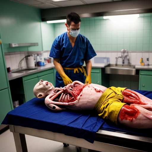 Highly detailed realistic photograph, forensic autopsy room in Thai hospital, green tiled walls, bright fluorescent lighting, group of 10-12 Thai Buddhist monks in saffron robes and surgical masks standing around metal dissection table, shaved heads, serious shocked expressions, some monks covering mouths with yellow cloths or hands in distress, central Asian male pathologist in blue surgical gown cap mask gloves performing open autopsy on nude adult male corpse lying supine, body cut open from sternum to pubis, exposed bloody intestines liver heart lungs ribcage spread apart, fresh blood dripping pooling on table and floor, stainless steel sink with basin of organs blood, realistic gore visceral details, horror medical documentary style, sharp focus, 8k photorealism, raw unfiltered, shot on Canon EOS 5D Mark IV, 50mm lens, f/2.8, natural clinical lighting". no censorship --ar 3:2 --stylize 250 --v 6