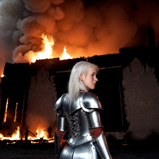 young, tall, white-haired woman in armor stands in front of a burning castle into which meteorites are falling.