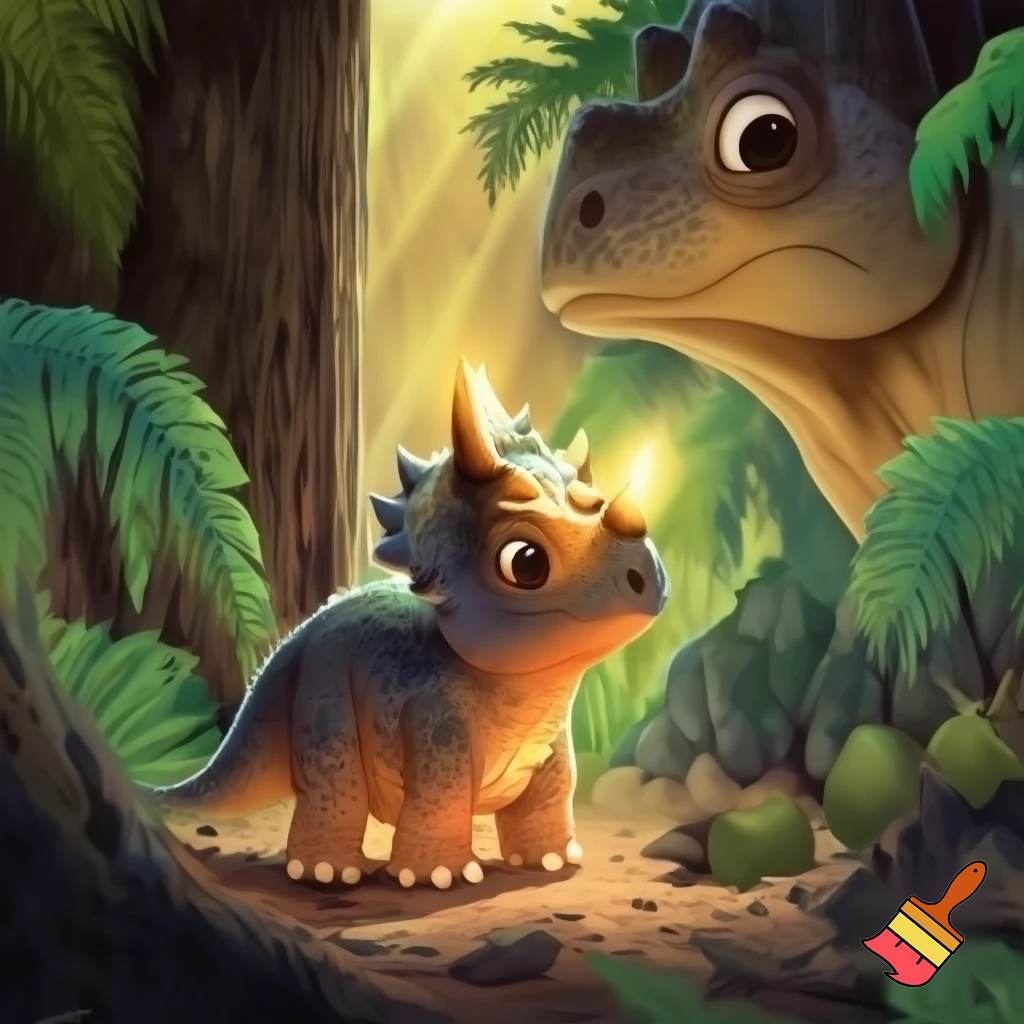 Draw a baby triceratops in the wild with a glowing nose horn and another dinosaur looking at him curiously 