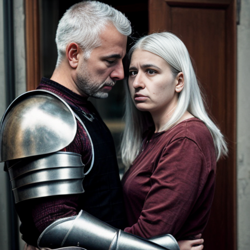 young, tall, white-haired woman in armor is sad because a Turkish man stole her knife.