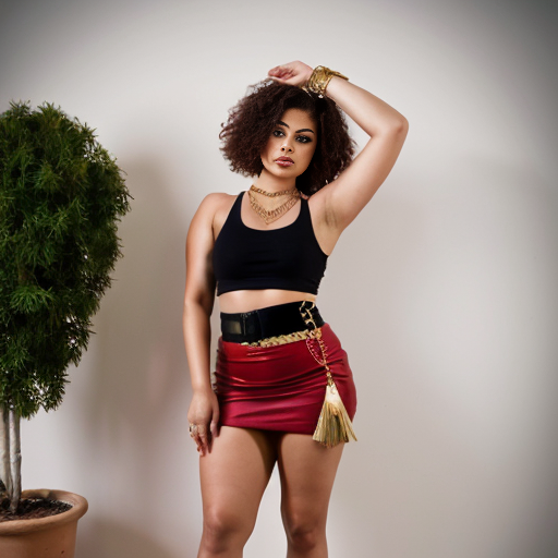 
Scene: A minimalist urban setting with potted plants.
Mood: Provocative and confident.
Expression: Dressed in a red sleeveless deep crop top and long red slit skirt, showcasing her thick thigh with a gold waist chain, the woman poses with one leg raised. She looks directly at the camera with a bold, self-assured gaze. Normal fit curvy girl 