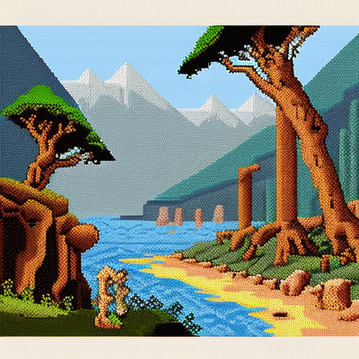 Devonian era landscapes in pixelart style 