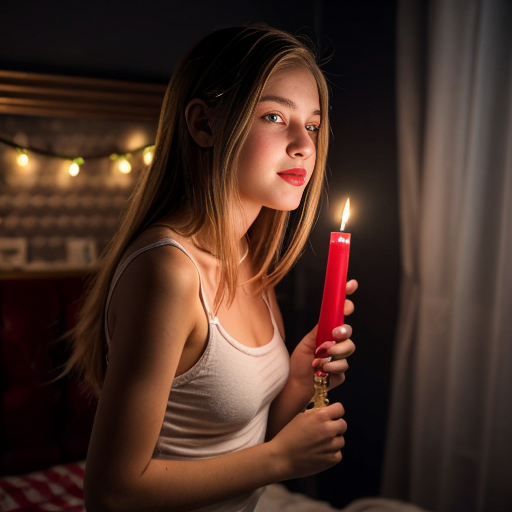 caucasian cute teen girl, skinr, , , seethrou, red lips, full body, b, sideview,, frontview, christmas, cmltoe, opening, nighttime, candles, young,looks at camera