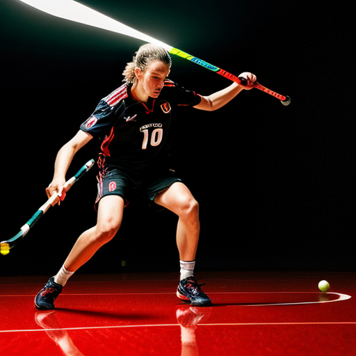 Dynamic action shot of a professional floorball player shooting with the "RAGE STRIKE PRO" stick. Motion blur on the ball, aggressive posture, arena lights glowing in the background. Matte black carbon shaft with blood-red torn graphics clearly visible. Red lighting atmosphere, sweat particles in air, intense sports photography, shallow depth of field, high shutter speed effect, ultra-realistic, cinematic, 8K.