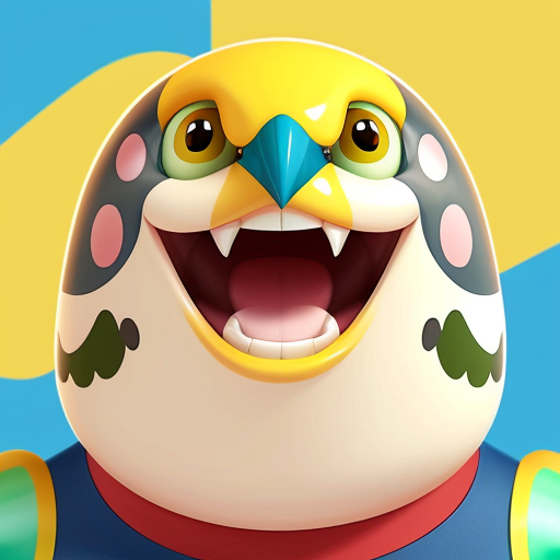 murray the budgie green with a yellow head, an a big toothy grin