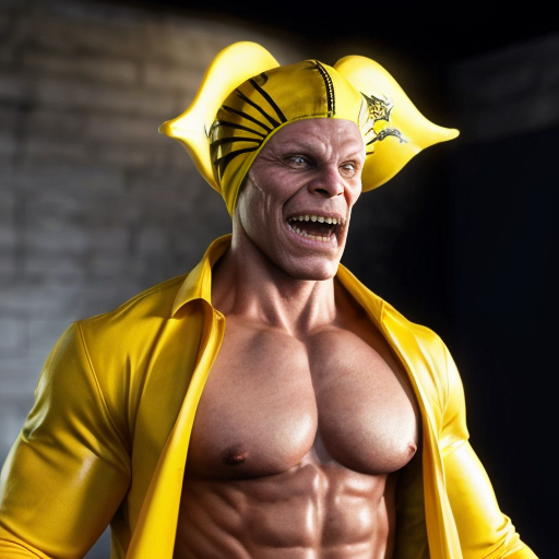 peux tu générer un homme requin humanoide  qui porte un costume jaune abimé. Ses bras protent  des ailerons de requins. Il est musclé et à l'air méchant. Il porte un chapka sur la tête.
