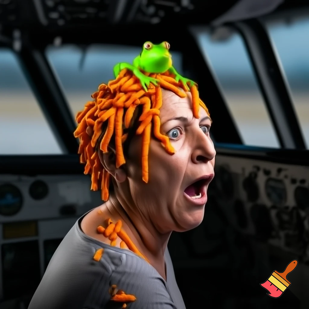 a inpoyle in  a plane is sacred of a frog on her head she scram she put hot cheetos on her head