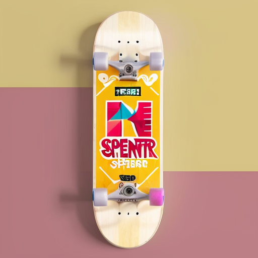A skateboard deck with “Sprengeler” written on the bottom in calligraphy font. The backdrop shall include Tetris blocks that are being destroyed with atom fragments