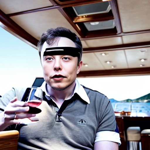 Elon musk sitting in a chair read “Poor Richard’s Almanack” while a servant is bringing him a glass of wine and he on a luxurious yacht with his femboy friends