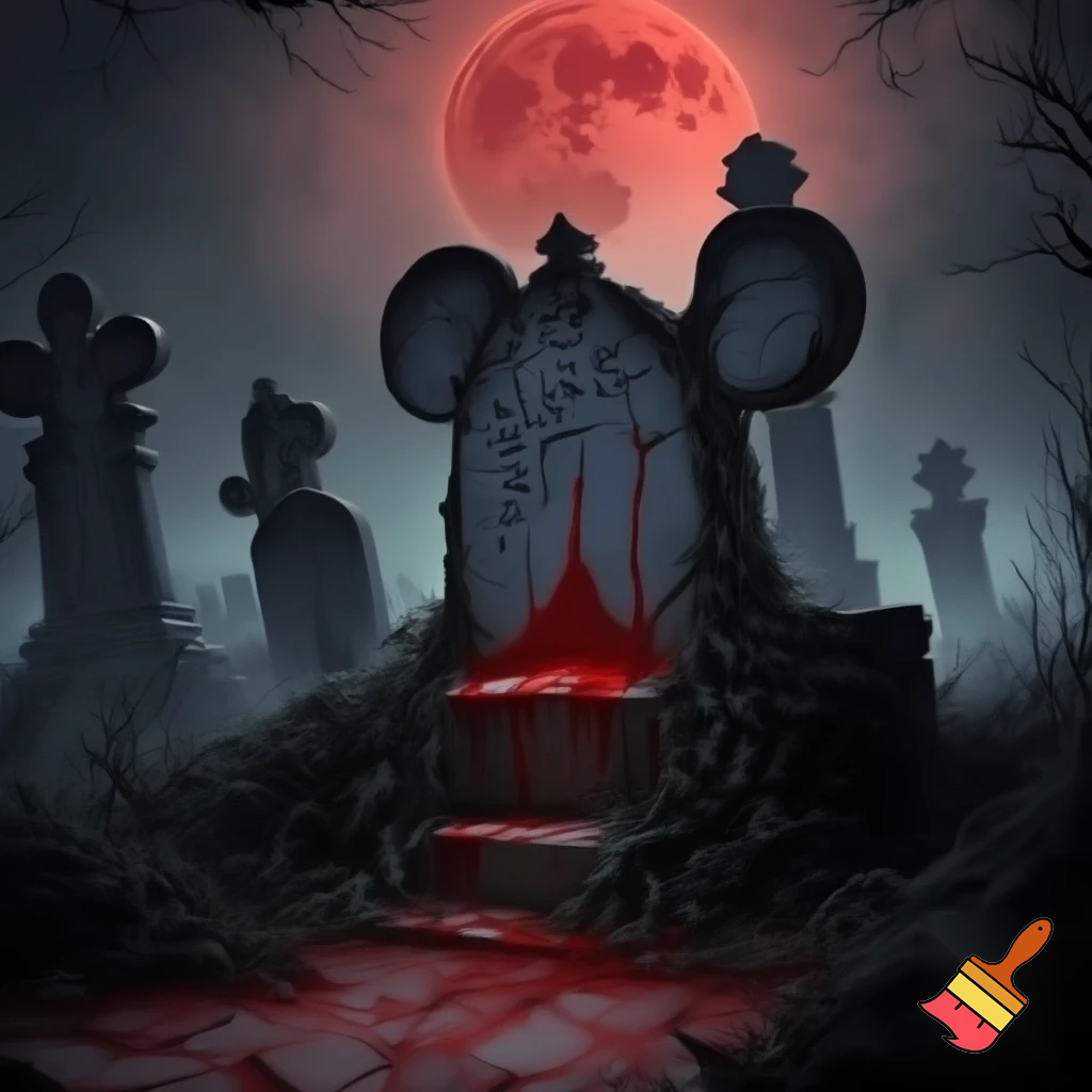 Ancient stone graveyard of Mickey Mouse with blood sacrifice