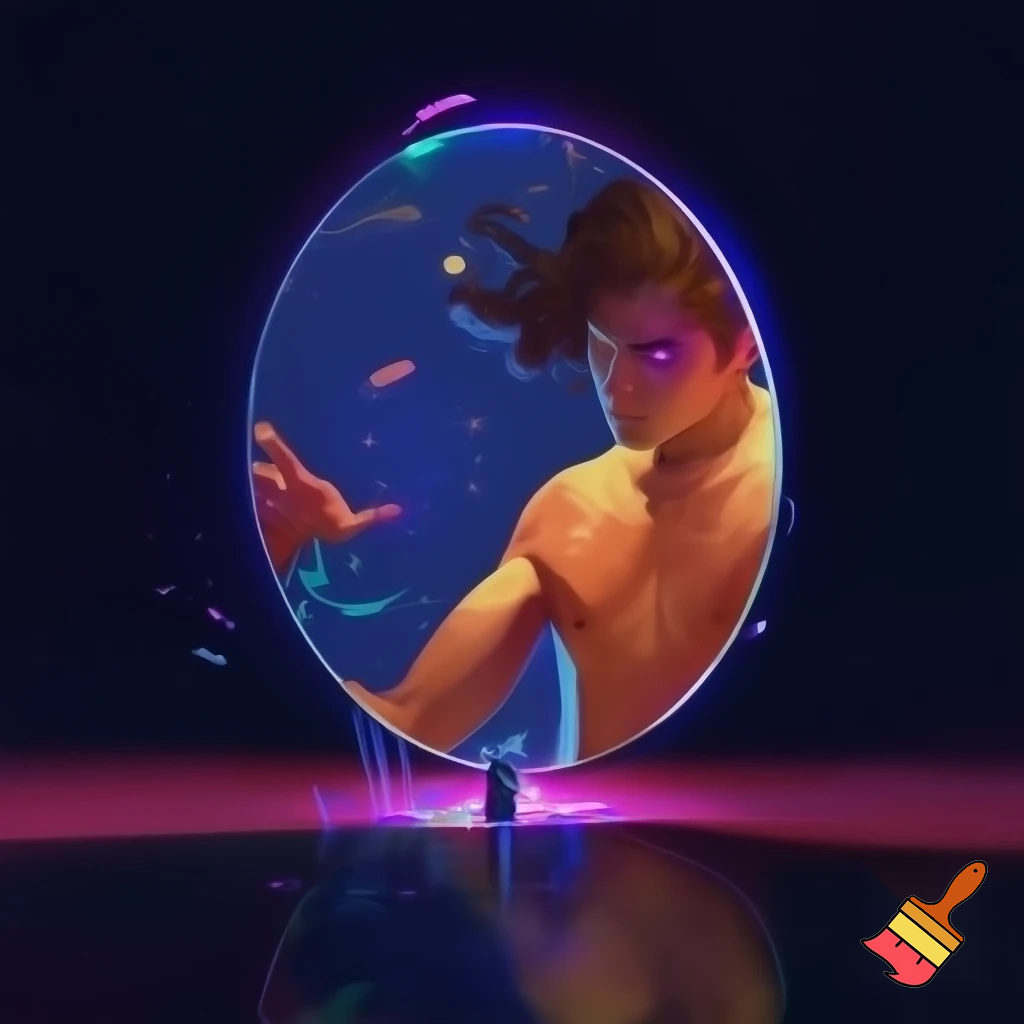 A young man stands in a dim, surreal void — half of his body illuminated by soft blue light, the other half fading into warm amber tones. In front of him floats a massive, circular mirror suspended midair, rippling faintly like liquid glass. The mirror’s surface reflects not him exactly — but a slightly different version: same face, same pose, yet with glowing eyes and hair flowing upward as if under water.

Tiny shards of light — like pieces of shattered stars — drift around them, glowing faintly in hues of violet, teal, and gold. The atmosphere feels weightless, as though gravity doesn’t fully exist here. The ground beneath him reflects faint light but fades quickly into darkness, creating the illusion of infinite space.

His expression is calm but filled with awe — one hand raised toward the mirror’s surface, fingertips almost touching the reflection. The reflected hand mirrors him perfectly, except the other version’s expression is slightly different: more confident, knowing, almost divine.

The lighting is dynamic — sharp cell-shaded highlights define his hair, clothes, and skin edges, while soft realistic gradients and subsurface glow bring life to the ambient light. Shadows fall gently on his neck and under the jawline with painterly precision.

The color palette blends deep navy, indigo, and subtle magenta, accented by soft neon blues for rim lighting. The mirror’s edge emits a faint halo, like it’s alive, refracting the light onto the character’s skin.

The background dissolves into misty cosmic forms — vague suggestions of galaxies and flowing light, never overpowering but enough to give depth. The scene feels silent, as if sound cannot exist here — only stillness and the hum of energy between two realities.

Rendered in realistic cell-shading: crisp edge highlights, smooth light falloff, visible reflection on skin and glass, realistic materials with stylized light. Every surface feels touchable, from the soft fabric folds of his jacket to the faint smudge on the mirror’s glow.