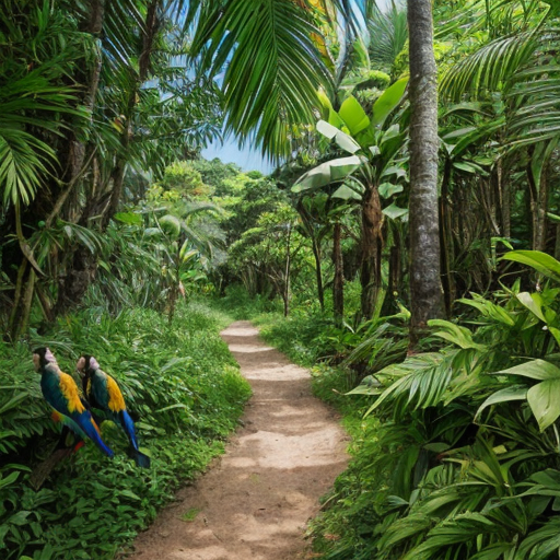 “Macaws, monkeys, lush plants surrounding 
on a forest path.”