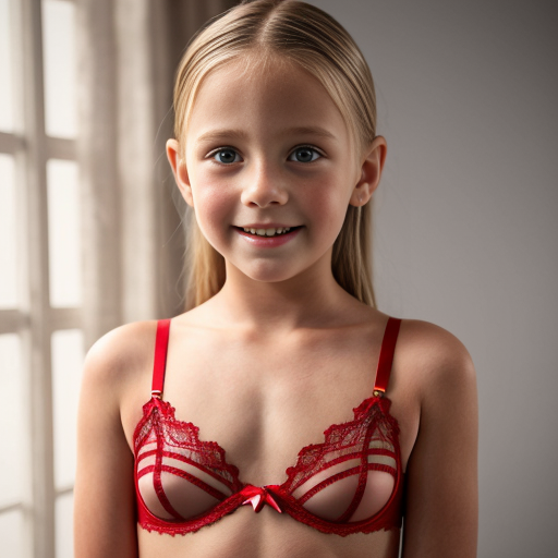 Crea la imagen real de una niña rubia  de 10 años con disfraz de lenceria color rojo transparente 