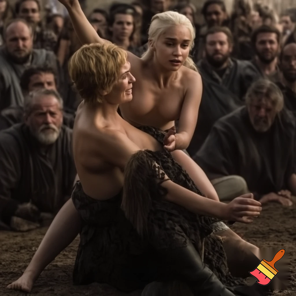 Cersei Lannister and Daenerys Targaryen fighting in a camp, Cersei Lannister is is sitting astride Daenerys .both are naked and all sweaty 
