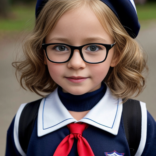Cute adorable niña Chilindrina glasses con hair lazo curly Blonde con sailor uniforme escolar con zapatos negros escolar con calcetines blancos con Estados Unidos América bandera con desfile con ciudad 3