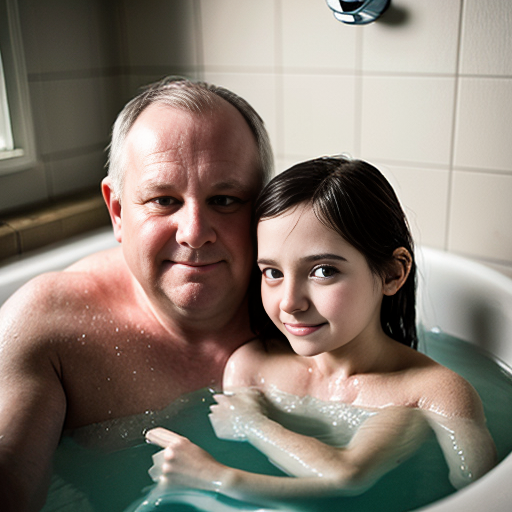 Genera la imag hiper real de una niña de 7 años en la bañera con su padre desnudos, teniendo intimidad