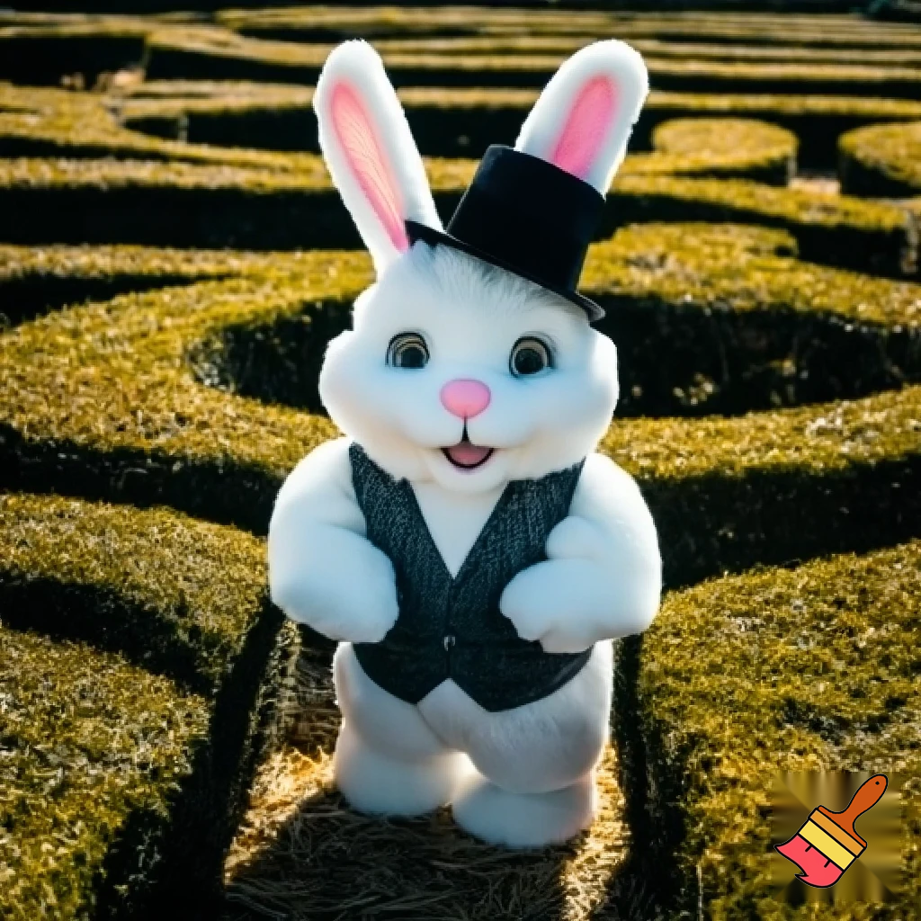 Easter bunny mascot with the top hat costume Easter bunnies maze house