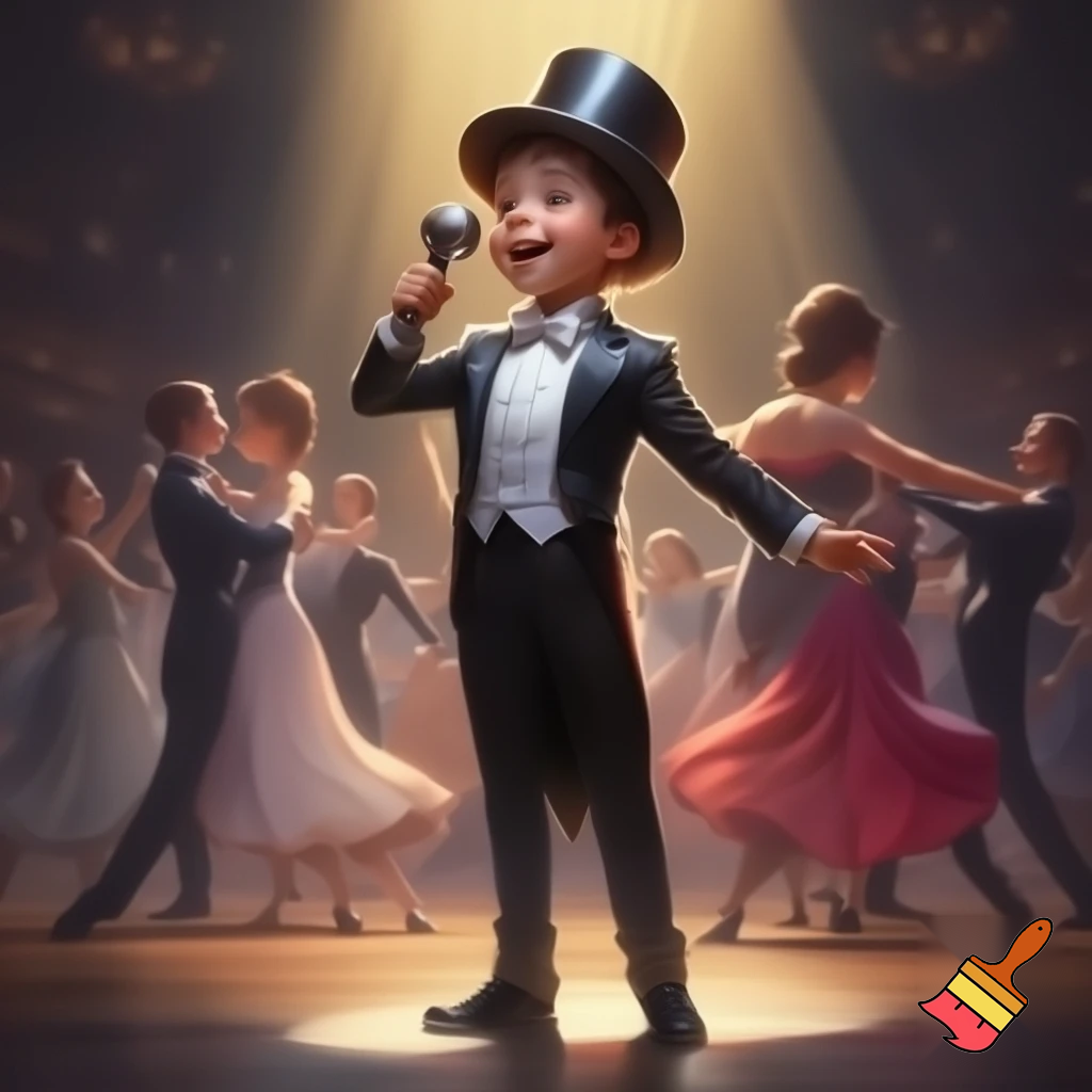 Preteen Boy in Shiny Top Hat White Bowtie Black Tailcoat Black Shoes Singing in Microphone on a big Stage. Behind him Ballroom Dance Kid Couples Dancing, Boys in formal stylish Tailcoats, Girls in beautiful Ballroom Gowns