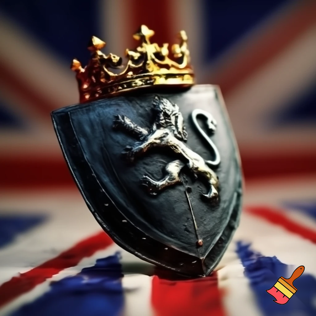 BRITISH FLAG WITH A TINY IRON SHIELD WITH A LION WITH A GOLDEN CROWN, 



