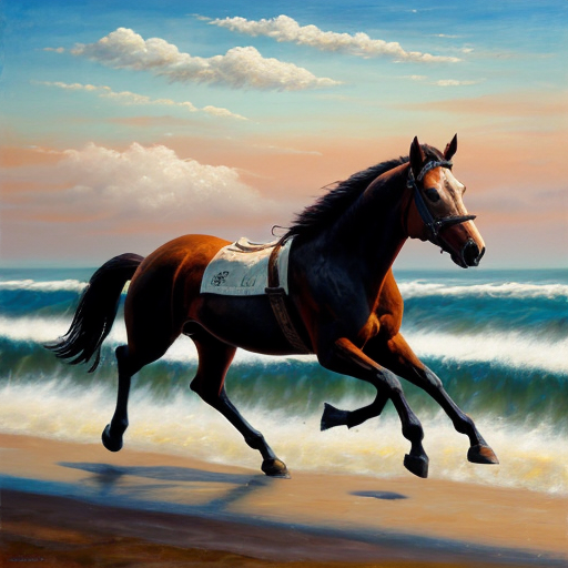 cavallo che corre sulla spiaggia con mare agitato e cielo annuvolato. L'immagine deve essere pittoresca e assomigliare a un dipinto a olio.