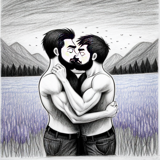 a pencil drawing in a cartoon style of 2 men holding each other romantically, one is muscular and has a short beard, the other is extremely thin and has a cane, put them in a field of flowers with nothing around but blue sky and mountains