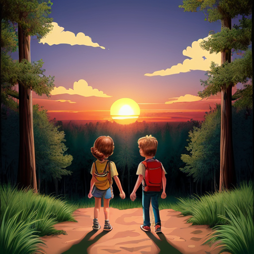 Two kids one girl one boy back to back in a forest sunset adventure  cartoon