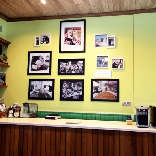 wall of cafe with lots of pictures and decorations