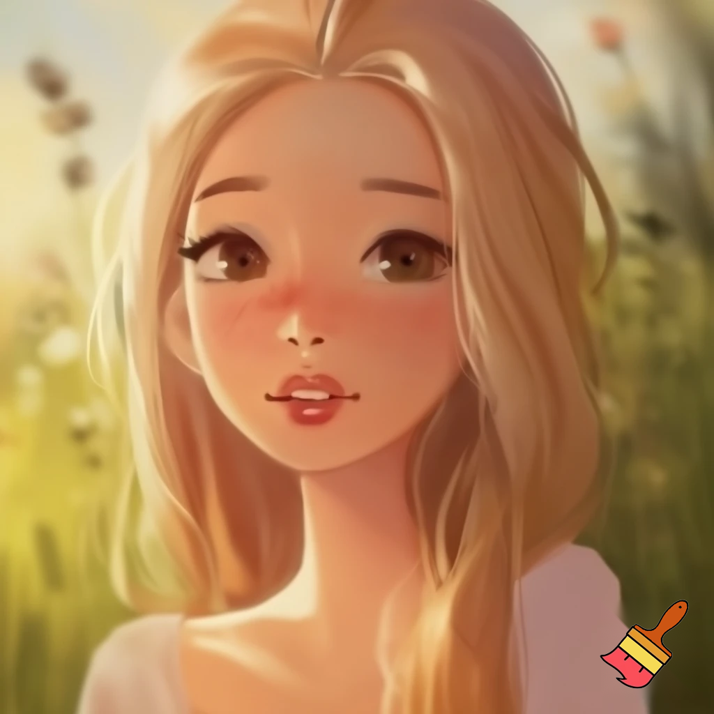 long blond hair, button nose, hazel eyes, short stature, curves, female, gap tooth