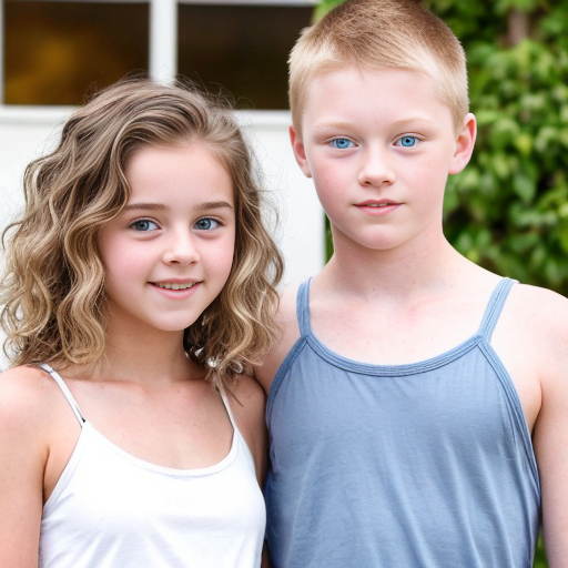 A girl who is 16 with brunette hair with lighter highlights and she has beach curls .she also has brown eyes  She is wearing a white mini dress with thin straps. There is her brother a 14 year old boy the same height as her and he has curly brunett hair and brown eyes. He is wearing a white shirt and blue jeans. There is another girl who is 10 and she is wearing a pink tank top with a white mini skirt she also has blonde hair and blue eyes .she is shorter than both of the other people.They are all siblings. Also make it look like a realistic photo