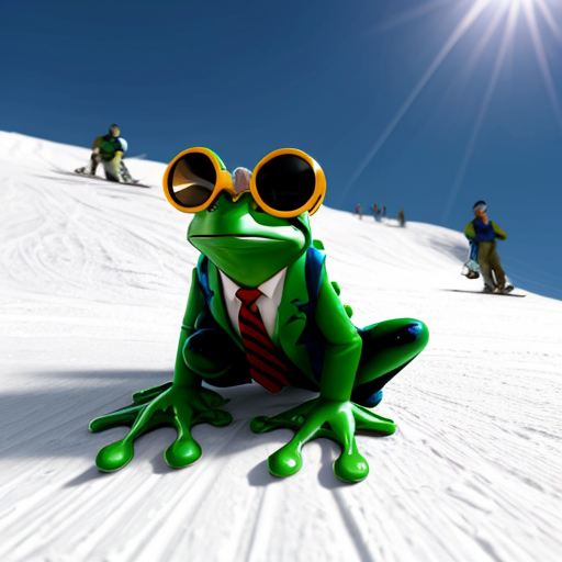 animated frog wearing a suit and tie with cool avaitor sunglasses skiing down a mountain
