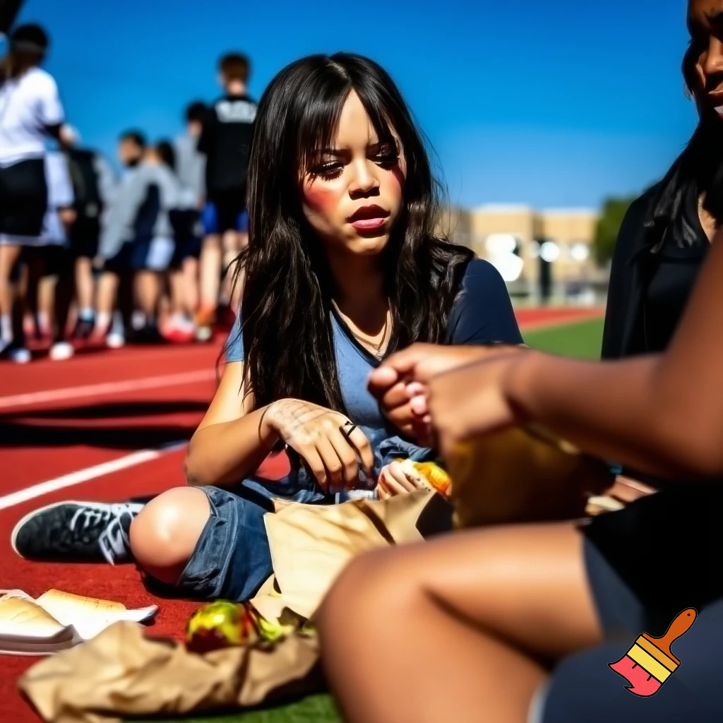 Jenna Ortega at a school sports day with friends eating lunch in the heat, next to a running track 