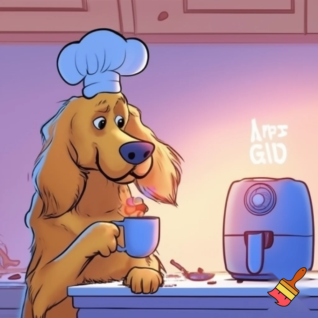 Ein Albumcover für einen Song namens (Airf)Ryan. Es ist ein Song über einen Hund, der süchtig nach Tee ist und ständig mit einem Airfryer verwechselt wird. Es soll im Comic-Stil sein, aber nicht zu übertrieben. Auf dem Cover soll nur der Songtitel stehen, kein weiterer Text