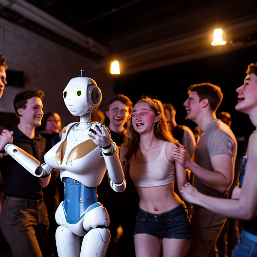 the graduate party with a big group of college students mingles in a group of robots with "AI' name on the body. all of them dance together in the party, cheerfully. under the lights of party with old exam papers everywhere