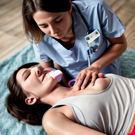 A woman lying unconscious on her back on the floor, wearing a white tank top and shorts, and a nurse performing CPR on her.