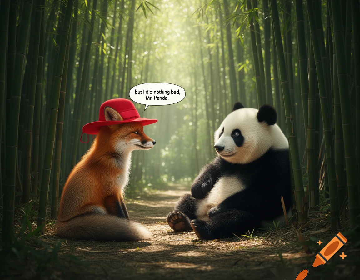 but i did nothing bad mr panda said the fox with the red hat to the panda  tesher
