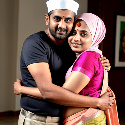 A Hindu Brahmin women in saree with slim muslim man wearing muslim cap Happy tight hug 