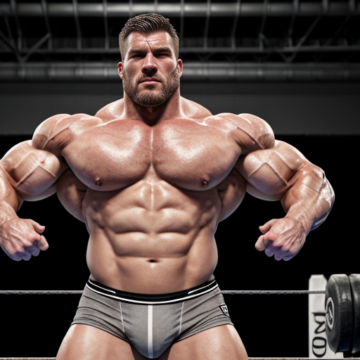 Incredibly Muscular wrestler with huge pecs wearing grey briefs. He is white. He is bald but has a hairy chest and doing a double bicep pose.