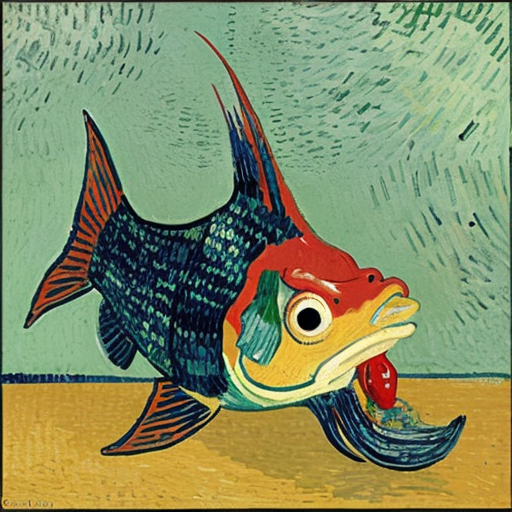 generate an image a fish eating a pepper, van gogh style