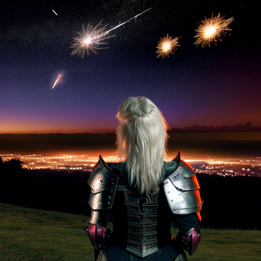 young tall white-haired woman in armor watches as meteors fall on the castle