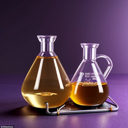 a chemical flask with water and two metal plates connected by wires. purple background, close-up